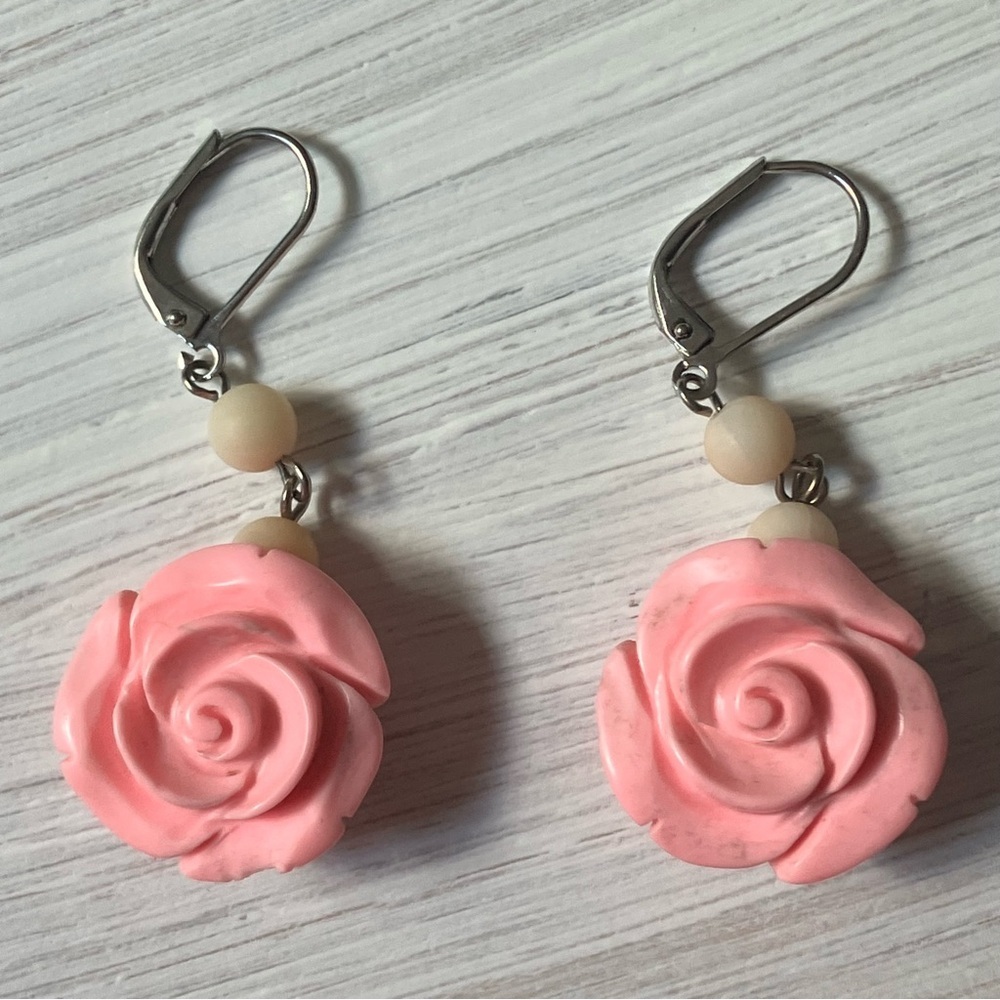 Vtge Pink Molded Celluloid Rose Drop Earrings Grandma Chic Cottage core Coquette